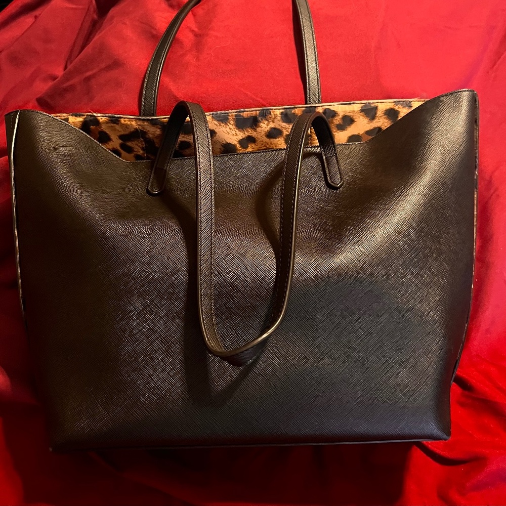Large Black Tote Bag with Leopard Print Lining